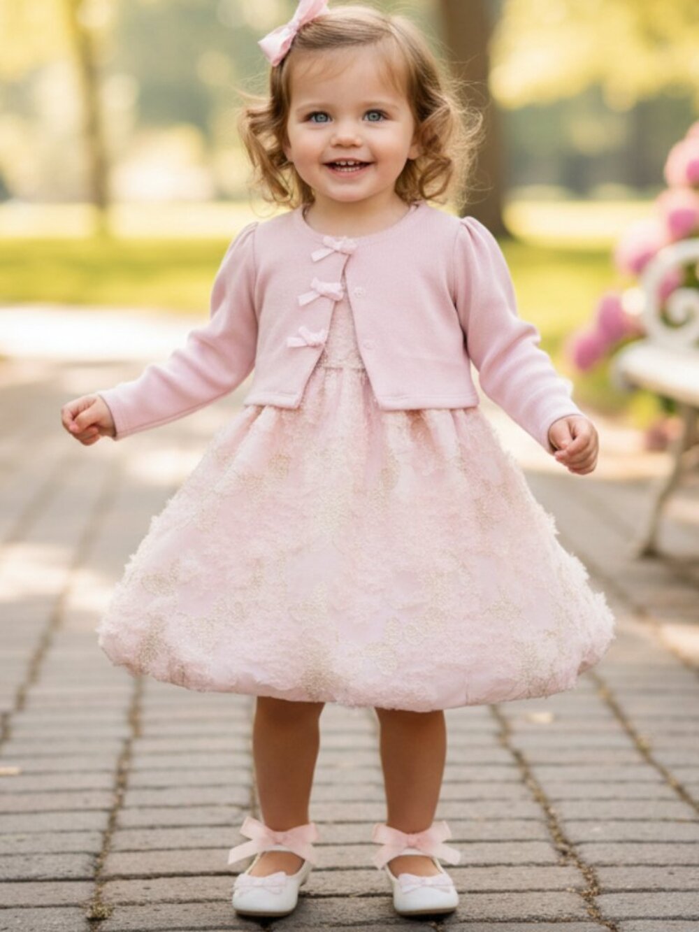 Iris & Ivy Pink Bubble Dress Cardigan Set 24M Bow Special Occasion NWT